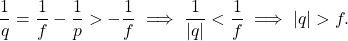 \begin{equation*}   \frac{1}{q} = \frac{1}{f} - \frac{1}{p} > -\frac{1}{f} \implies \frac{1}{|q|} < \frac{1}{f} \implies |q| > f . \end{equation*}