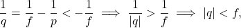 \begin{equation*}   \frac{1}{q} = \frac{1}{f} - \frac{1}{p} < -\frac{1}{f} \implies \frac{1}{|q|} > \frac{1}{f} \implies |q| < f , \end{equation*}